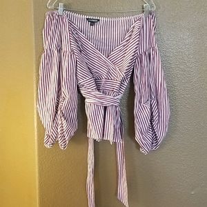 Express red/white stripped vneck off the shoulder